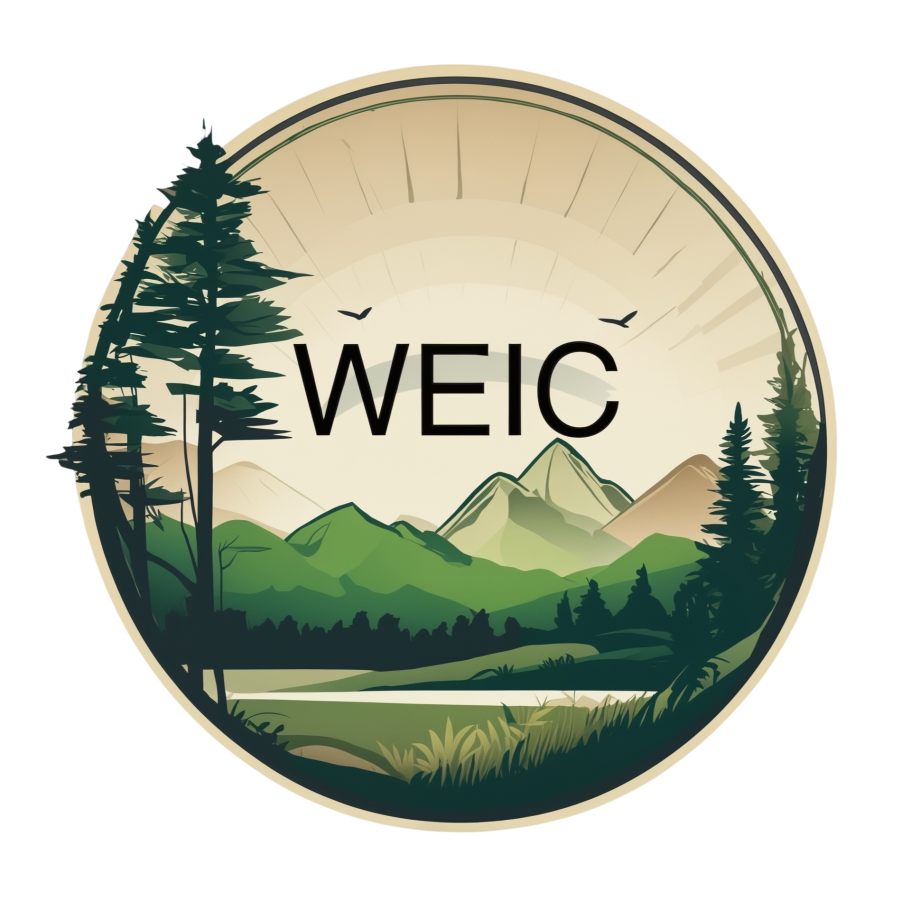 Round logo with artwork of mountains and trees, and the letters WEIC overlaid on top